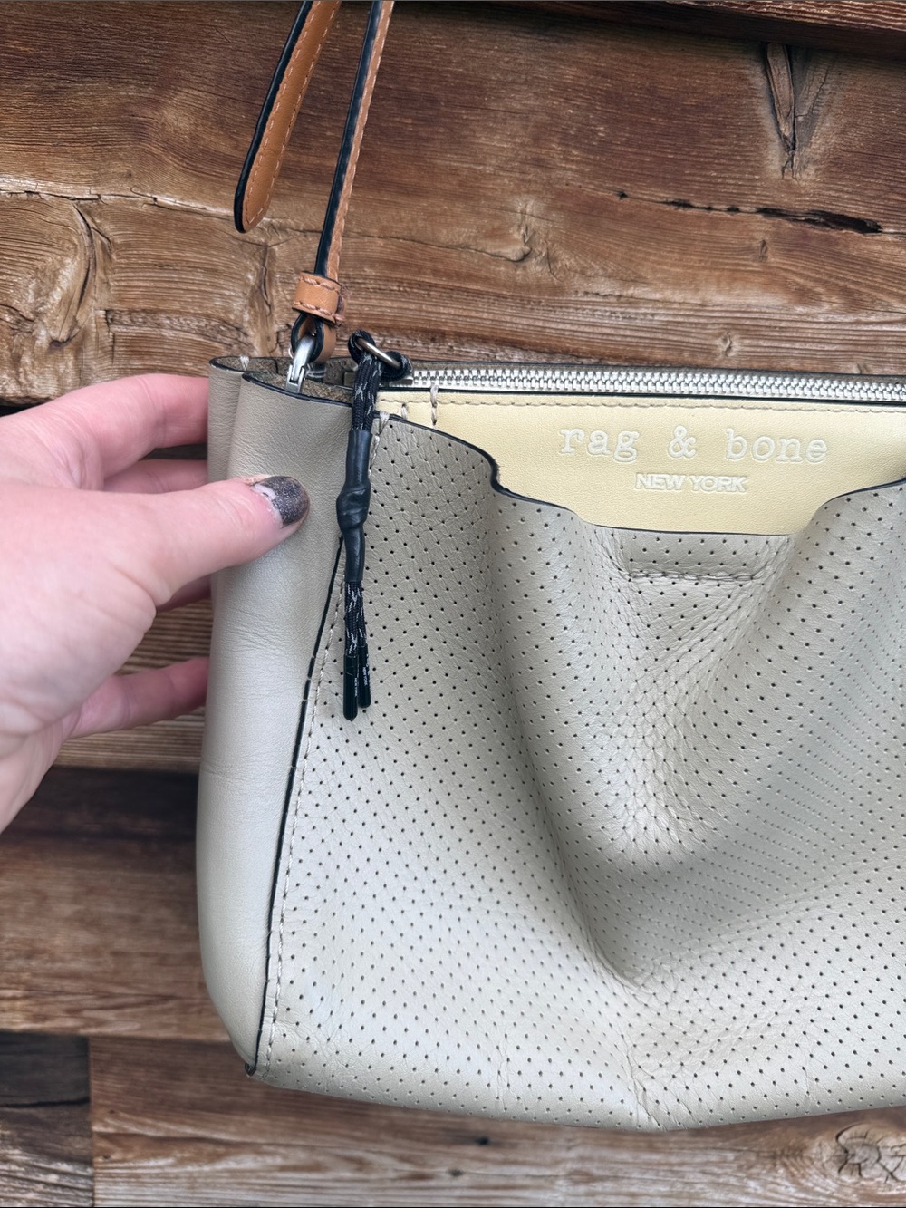 rag & bone Perforated Leather Crossbody in Light Taupe and Tan Trim - Picture 3 of 7